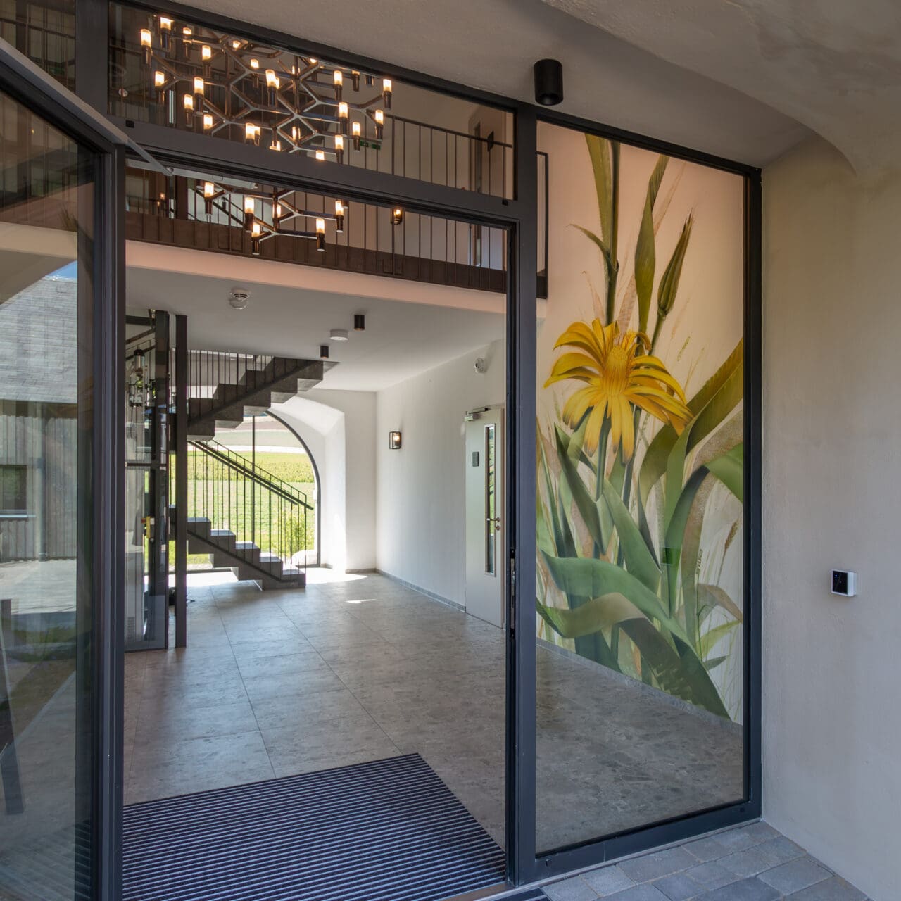 Wallart in a Hotel Foyer and Staircase